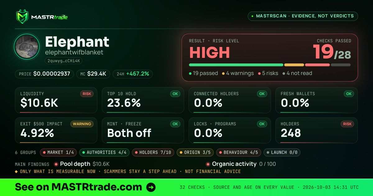 MASTRscan of Elephant: the risk level, checks passed and 8 measurements