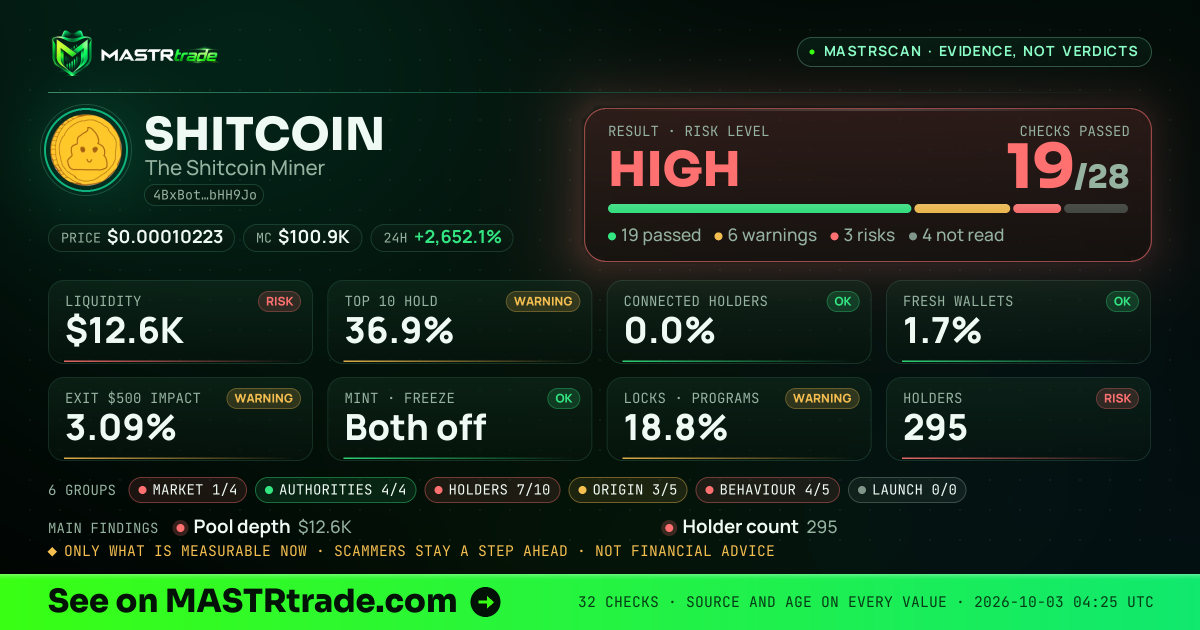 MASTRscan of SHITCOIN: the risk level, checks passed and 8 measurements