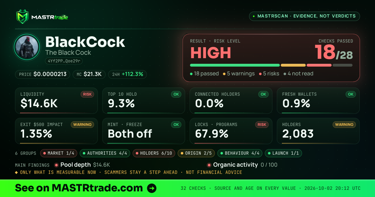 MASTRscan of BlackCock: the risk level, checks passed and 8 measurements