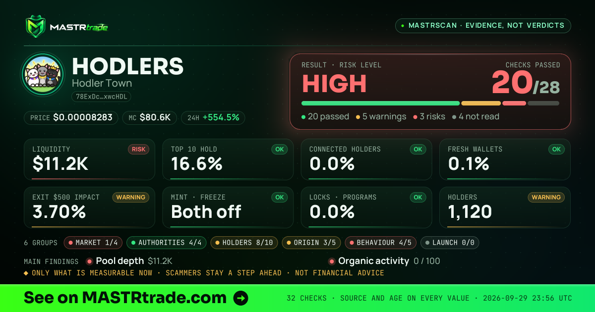 MASTRscan of HODLERS: the risk level, checks passed and 8 measurements
