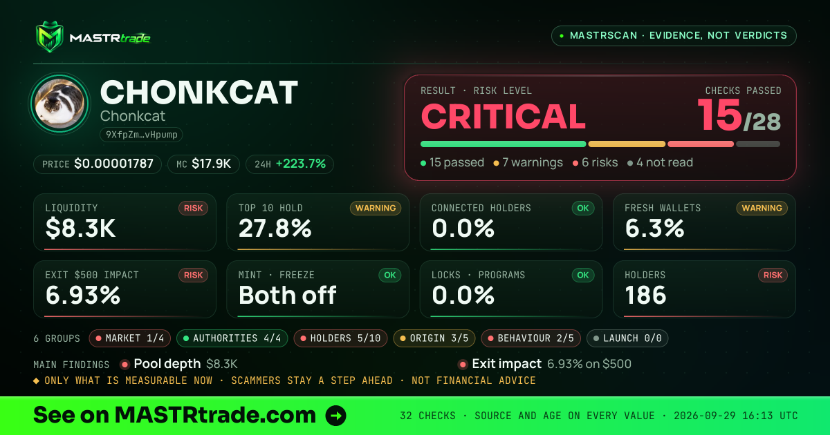 MASTRscan of CHONKCAT: the risk level, checks passed and 8 measurements