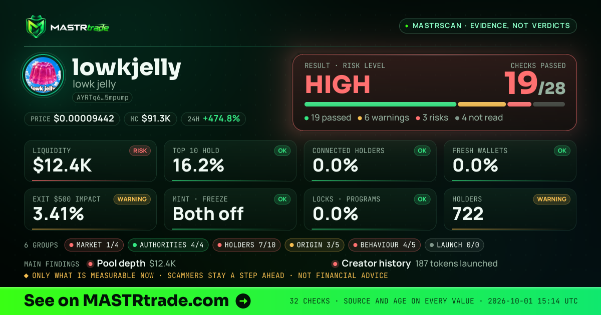 MASTRscan of lowkjelly: the risk level, checks passed and 8 measurements
