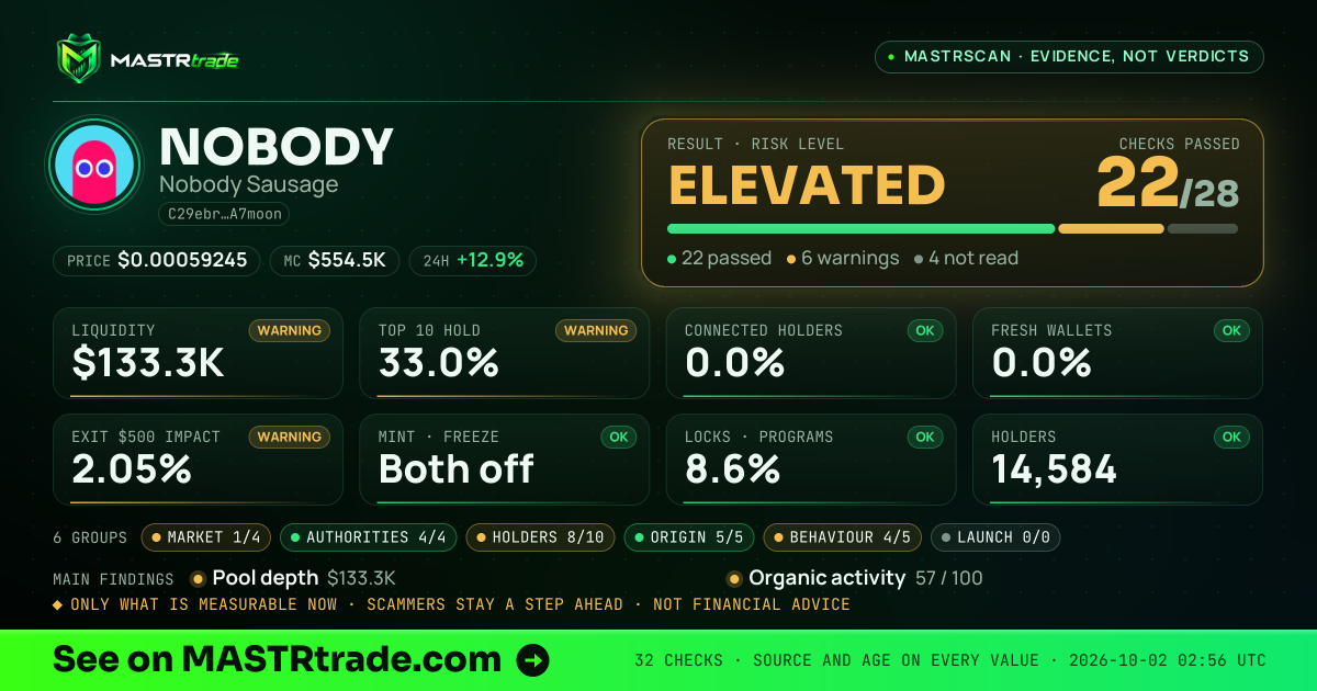 MASTRscan of NOBODY: the risk level, checks passed and 8 measurements