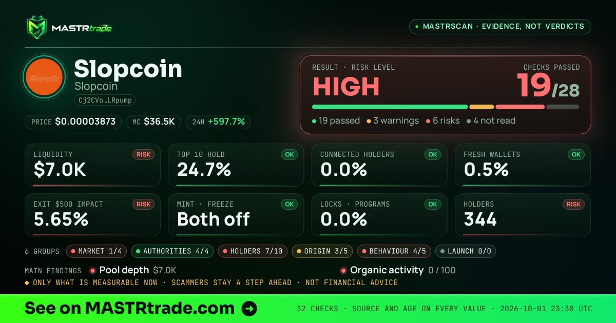 MASTRscan of Slopcoin: the risk level, checks passed and 8 measurements