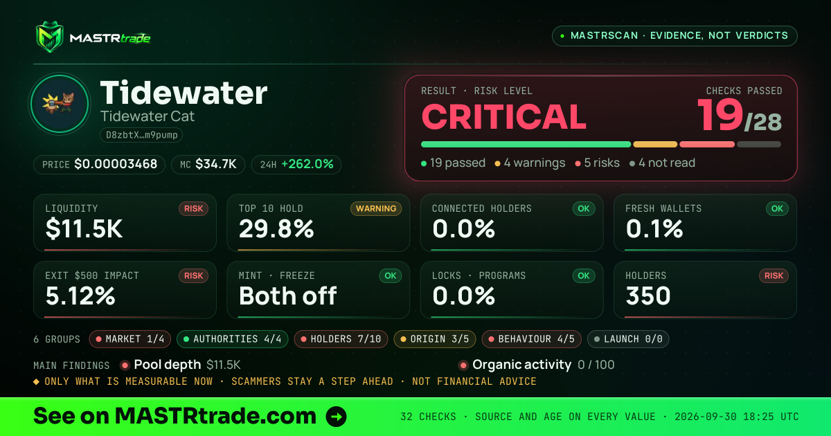 MASTRscan of Tidewater: the risk level, checks passed and 8 measurements