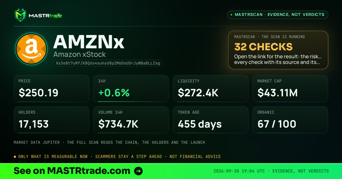 MASTRscan of AMZNx: the risk level, checks passed and 8 measurements