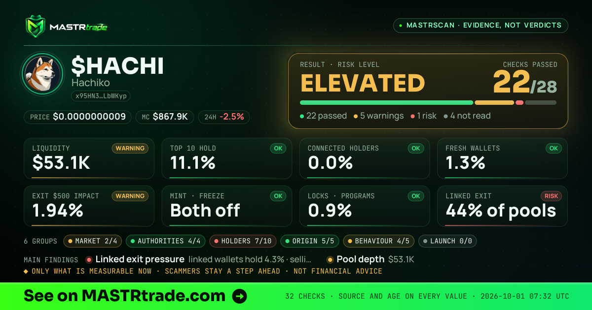 MASTRscan of $HACHI: the risk level, checks passed and 8 measurements